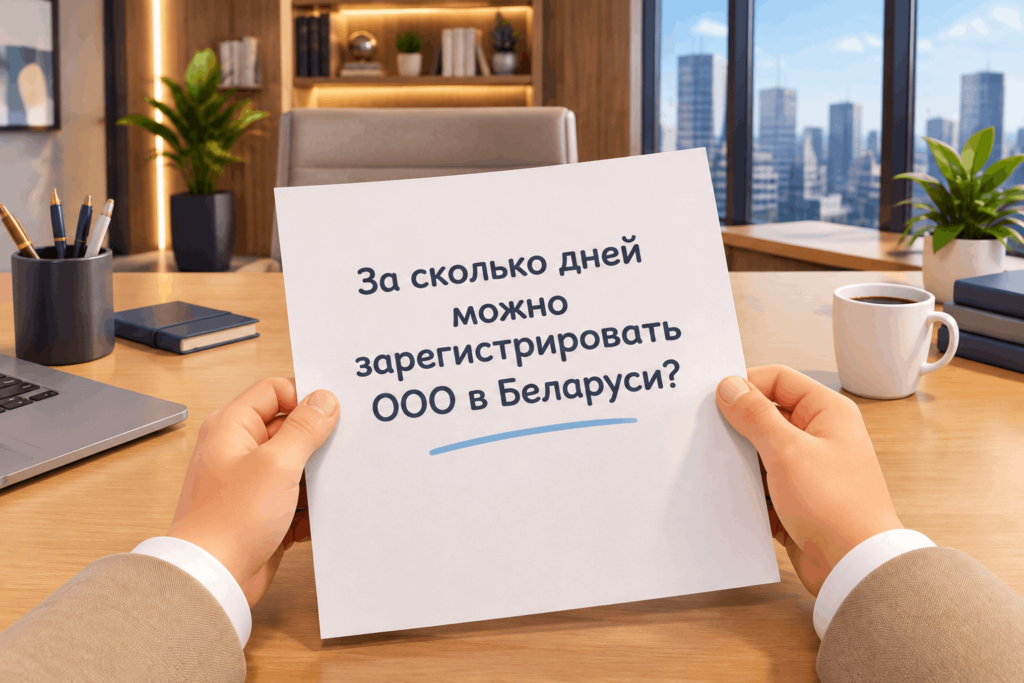 Человек держит лист бумаги с надписью «За сколько дней можно зарегистрировать ООО в Беларуси?» на фоне современного офиса