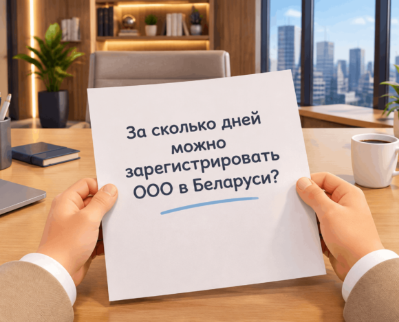 Человек держит лист бумаги с надписью «За сколько дней можно зарегистрировать ООО в Беларуси?» на фоне современного офиса