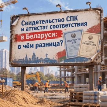 Свидетельство СПК и аттестат соответствия в Беларуси — в чём разница? Документы на фоне строительной площадки