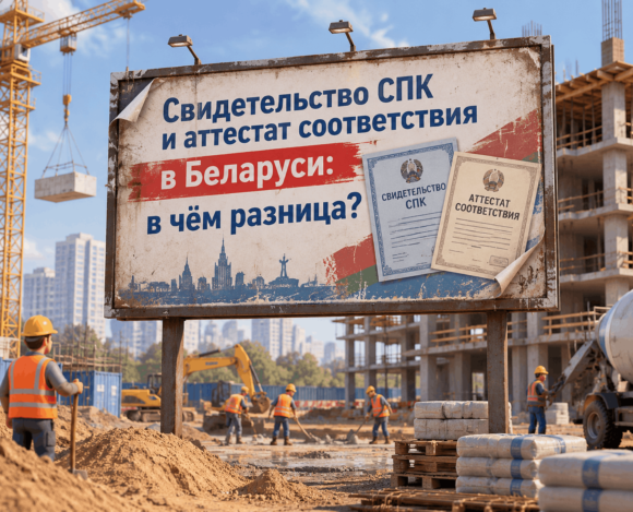 Свидетельство СПК и аттестат соответствия в Беларуси — в чём разница? Документы на фоне строительной площадки